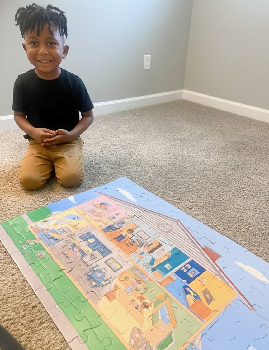 Happy child with completed puzzle